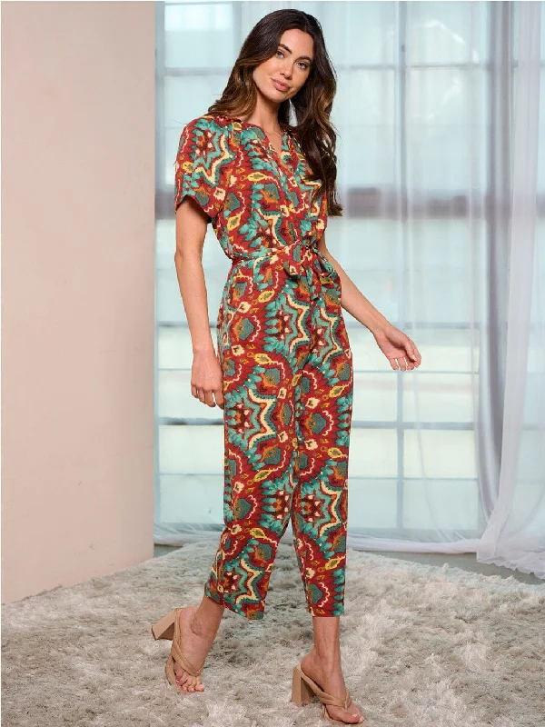 women's jumpsuits for everyday wearWOMEN'S SHORT SLEEVE BUTTON UP POCKETS MULTI PRINT JUMPSUIT