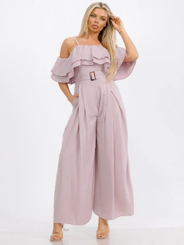 women's jumpsuits for summerWOMEN'S OFF SHOULDER RUFFLE BELTED POCKETS WIDE LEG JUMPSUIT