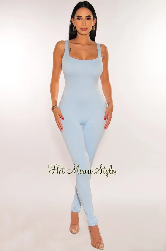 women's jumpsuits for dancingHMS Essential: Baby Blue Spaghetti Strap Open Back Perfect Fit Jumpsuit