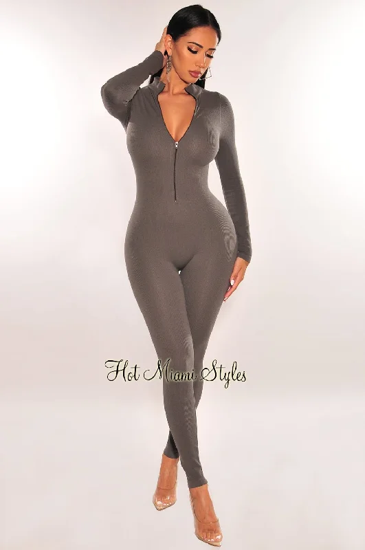 women's jumpsuits made of denimGray Ribbed Mock Neck Long Sleeve Zipper Jumpsuit