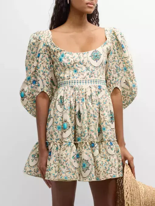 affordable floral Mimi dressesPuff-Sleeve Linen Printed Mini Dress