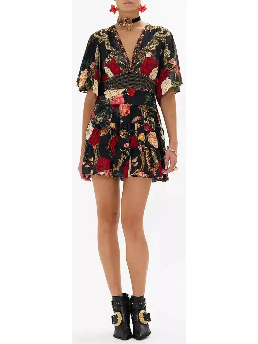 trendy Mimi dresses for InstagramFloral Printed V-Neck Silk Mini Dress