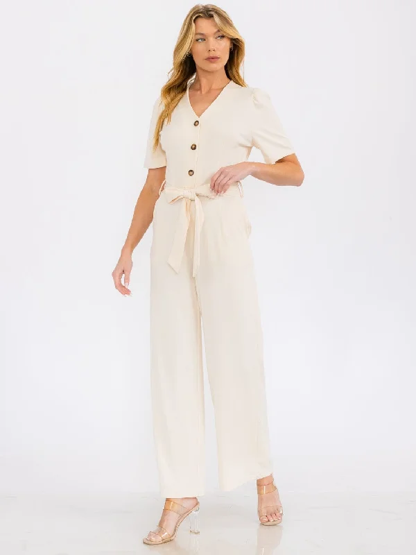 women's jumpsuits with metallic finishesWOMEN'S SHORT SLEEVE BUTTON UP SELF TIE FRONT POCKETS WIDE LEG JUMPSUIT