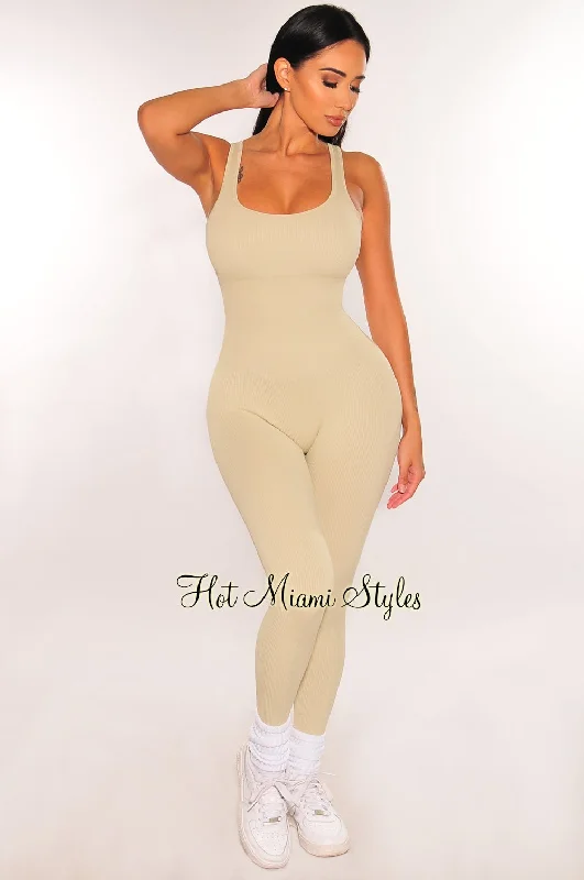 women's loose-fit jumpsuitsHMS Fit: Nude Seamless Ribbed Tank Padded Snatched Jumpsuit