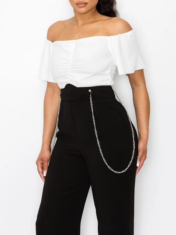 women's jumpsuits with off-the-shoulder sleevesWOMEN'S OFF SHOULDER ZIP UP CHAIN DETAILED WIDE LEG JUMPSUIT