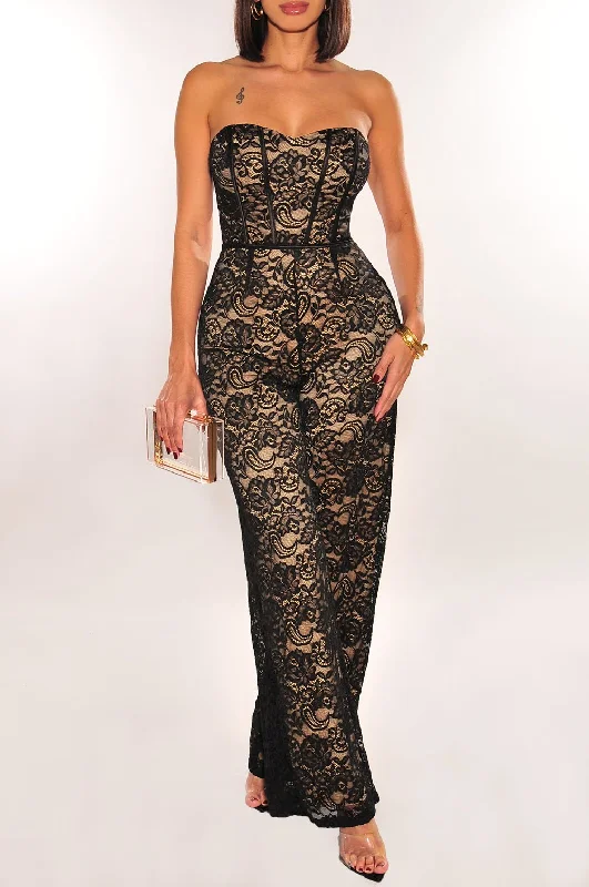 women's jumpsuits for high-performance fabricsBlack Nude Lace Strapless Boned Palazzo Jumpsuit