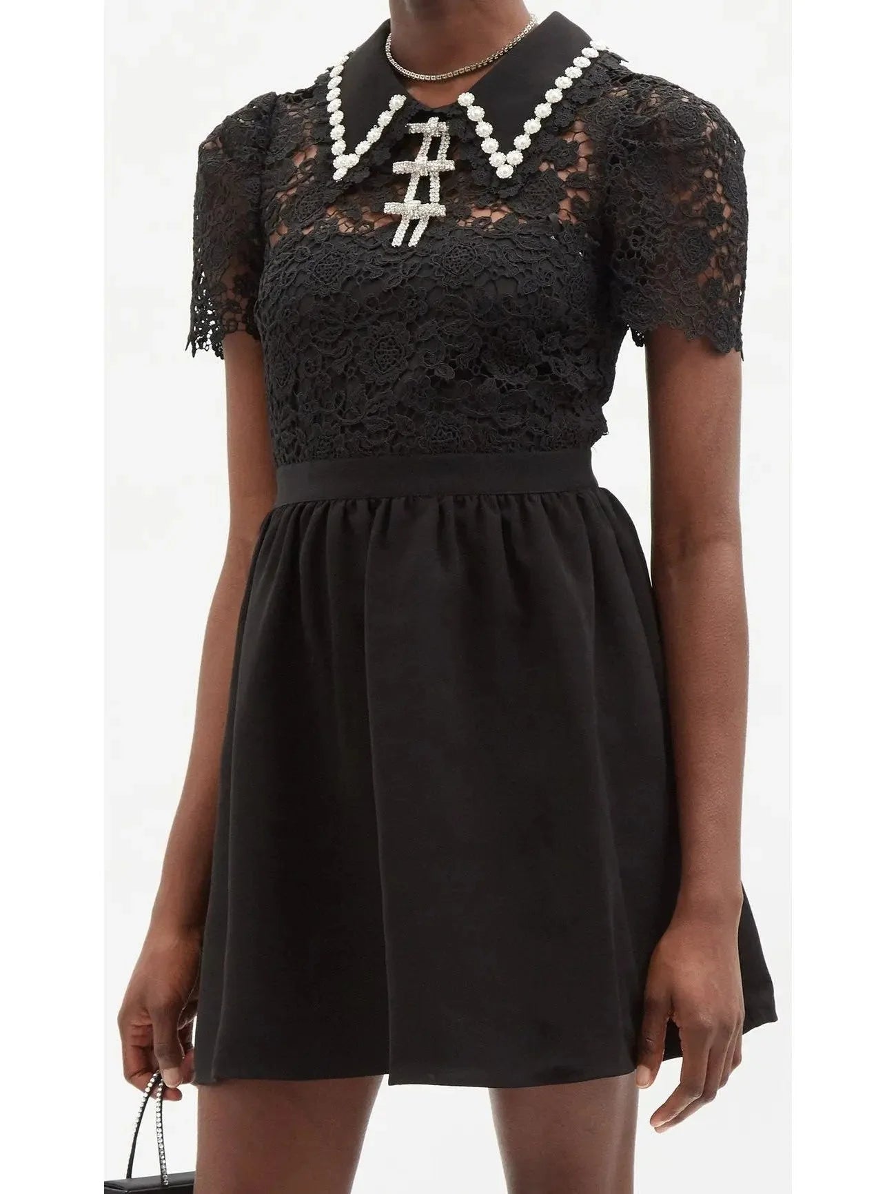 designer Mimi dresses under $100Embellished Guipure Lace Mini Dress