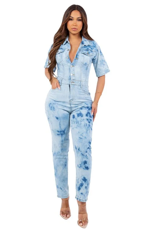 women's glam jumpsuitsSEXY TIE DYE DENIM JUMPSUIT