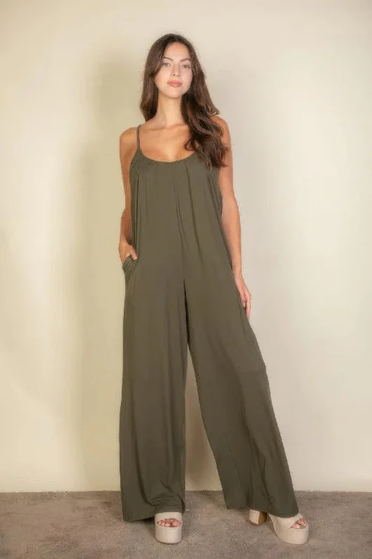 women's jumpsuits with self-ties at the waistSpaghetti Strap Solid Wide Jumpsuit