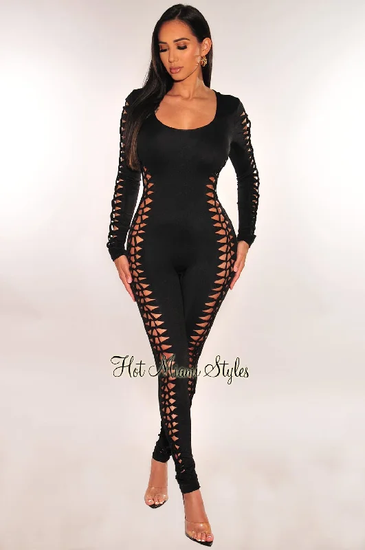 women's cropped jumpsuitsBlack Seamless Lace Up Long Sleeve Round Neck Jumpsuit