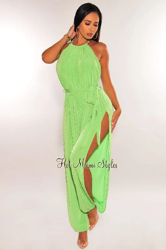 women's jumpsuits with cinched waistsKelly Green Slit Hem Belted Harem Jumpsuit