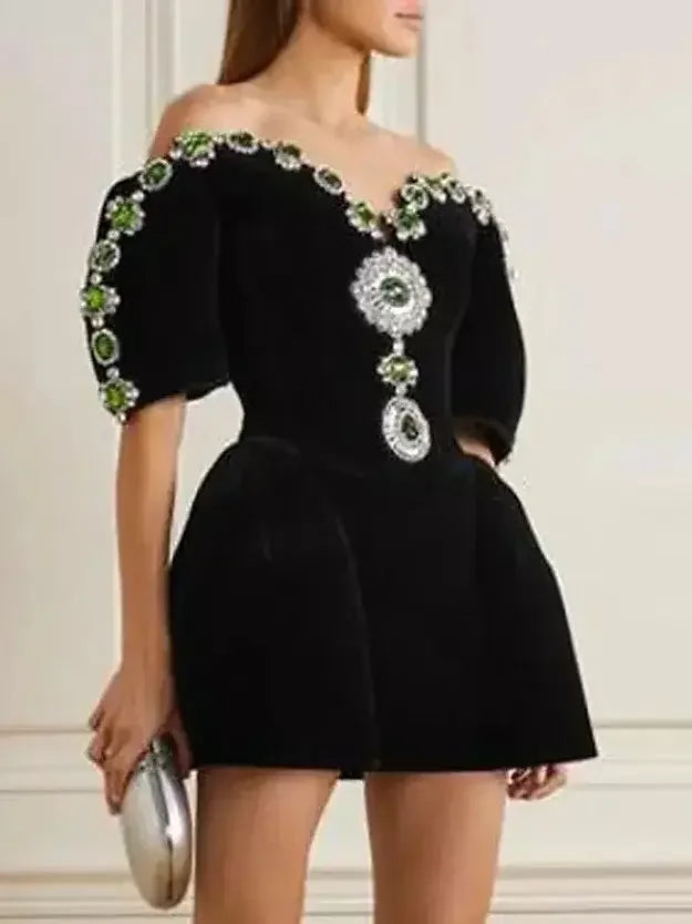 cotton Mimi dresses for summerJewel-Embellished Black Velvet Mini Dress