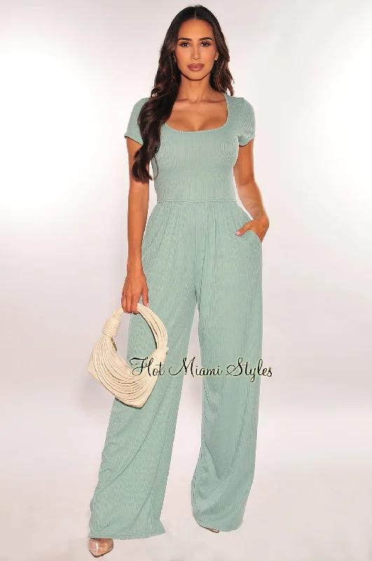 women's jumpsuits for lightweight designsTeal Ribbed Short Sleeve Wide Leg Jumpsuit