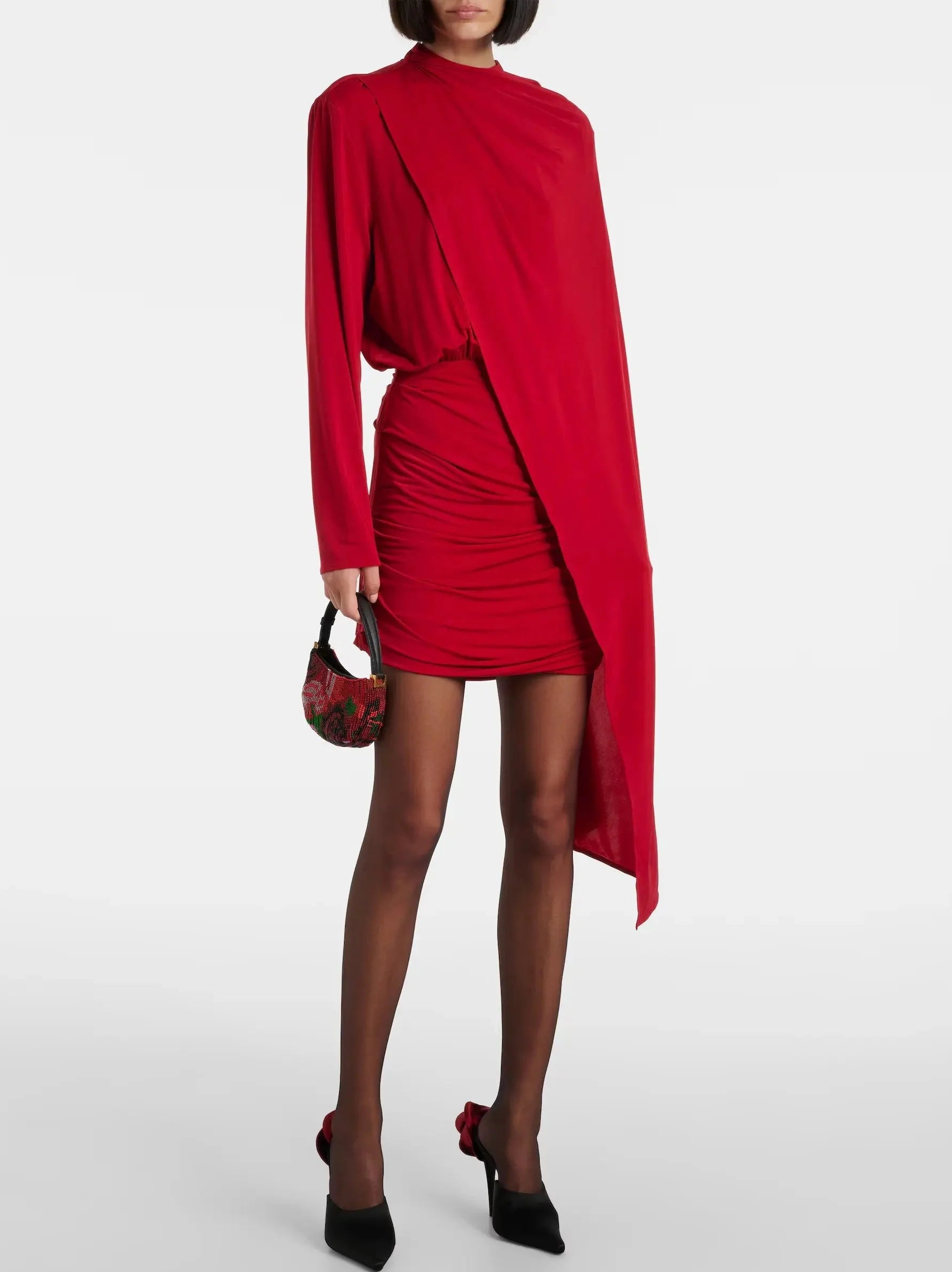 designer-inspired Mimi dresses for luxury on a budgetAsymmetric Cape Stretch Ruched Red Mini Dress