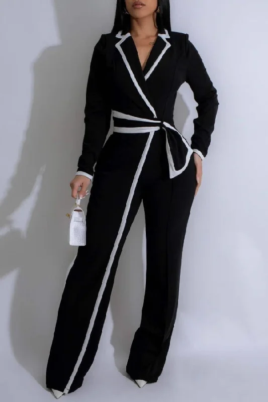 women's ankle-length jumpsuitsHit Color Notched Lapel Modern Belted Jumpsuit