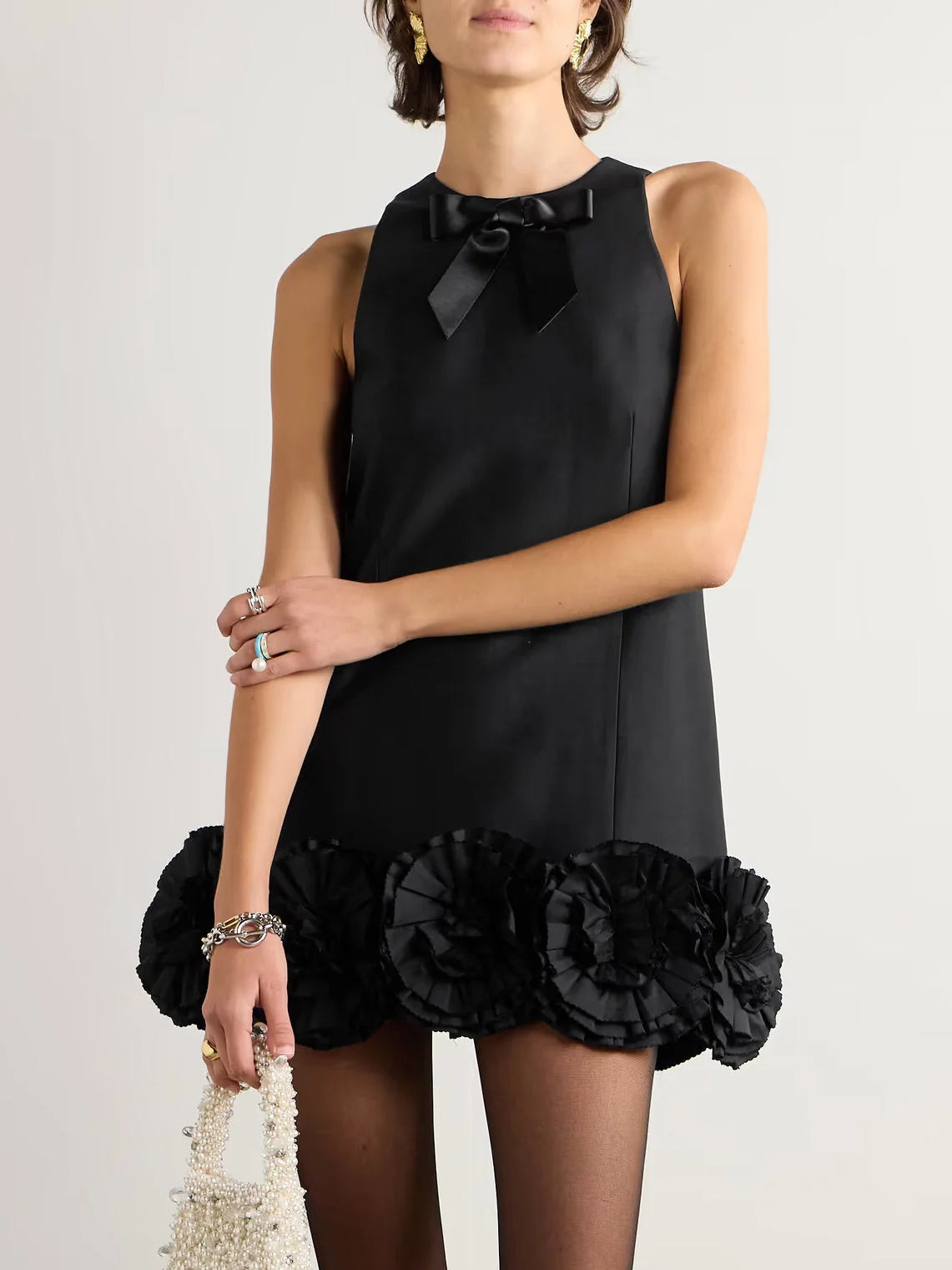 lace Mimi dresses for special occasionsFloral Appliques Embellished Halter Mini Dress in Black with Bow