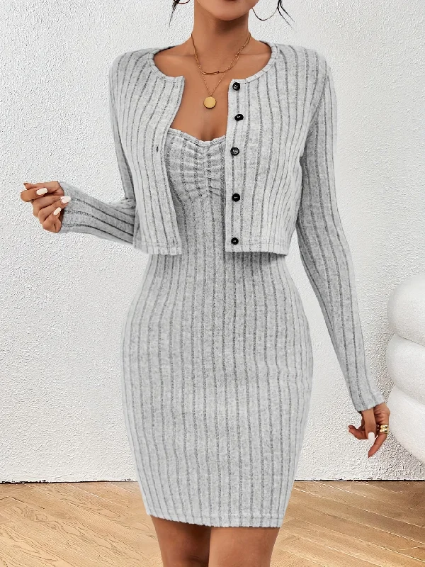 formal Mimi dresses for eventsSolid Ribbed Chic Two-Piece Set - Button-Front Long Sleeve Tops & Bodycon Mini Dress - Flattering Casual Outfits for Trendy Women