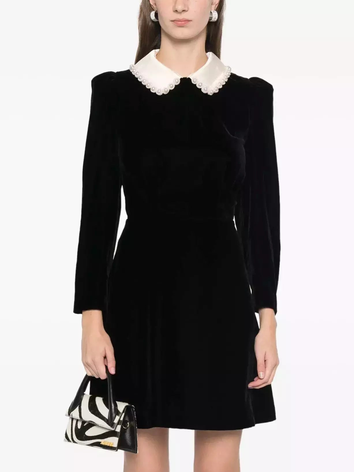 classic yet trendy Mimi dresses for timeless styleBlack Velvet Mini Dress with Beaded Contrasting Collar