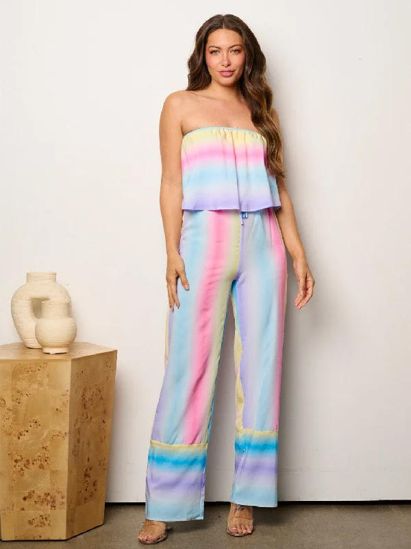 women's jumpsuits for effortless eleganceWOMEN'S SLEEVELESS RUFFLE MULTI COLOR STRIPES JUMPSUIT