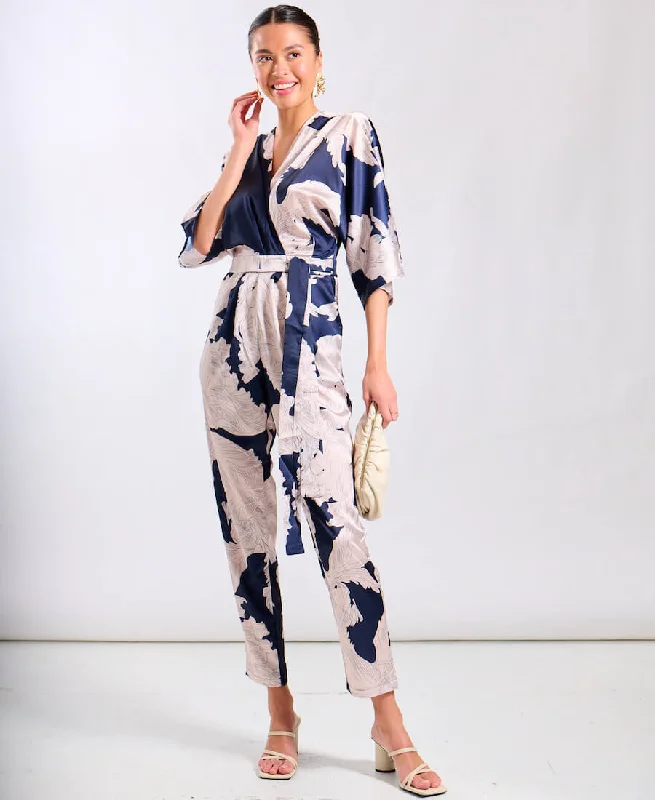 women's jumpsuits with halter necksNavy Leaf Kimono Sleeve Jumpsuit