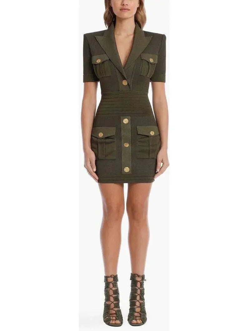 affordable and stylish Mimi dresses for budget-conscious shoppersMilitary Pocket Mini Dress with Gold-Tone Buttons