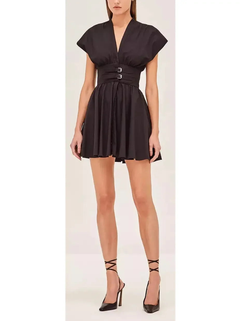 high-slit Mimi dresses for a bold lookBlack Concealed Button-Down V-Neck Double-Belted Mini Dress