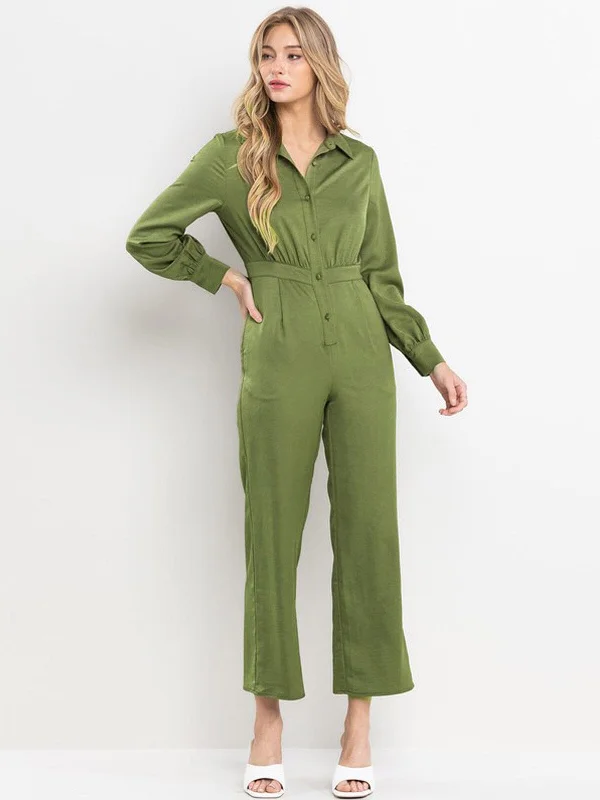 women's jumpsuits with high necksWOMEN'S LONG SLEEVE FRONT POCKETS BUTTON UP WIDE LEG JUMPSUIT