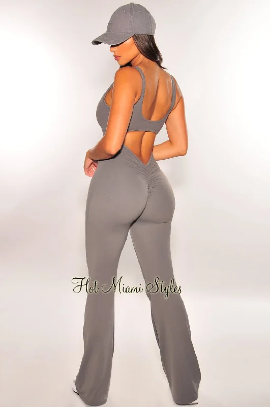 women's jumpsuits for wrinkle-resistant materialsHMS Fit: Gray Padded Open Back Ruched Butt Flared Jumpsuit