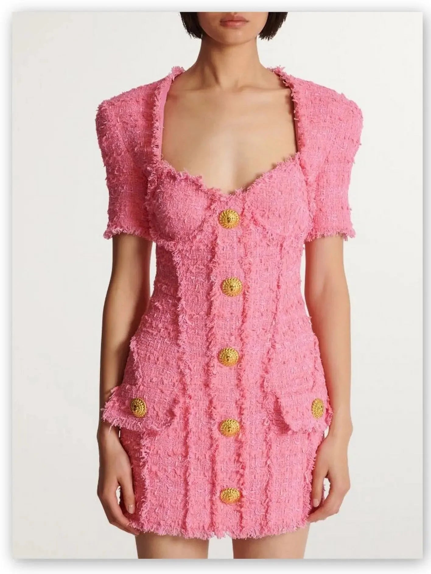 high-slit Mimi dresses for a bold lookGold-Buttoned Pink Tweed Short-Sleeve Mini Dress