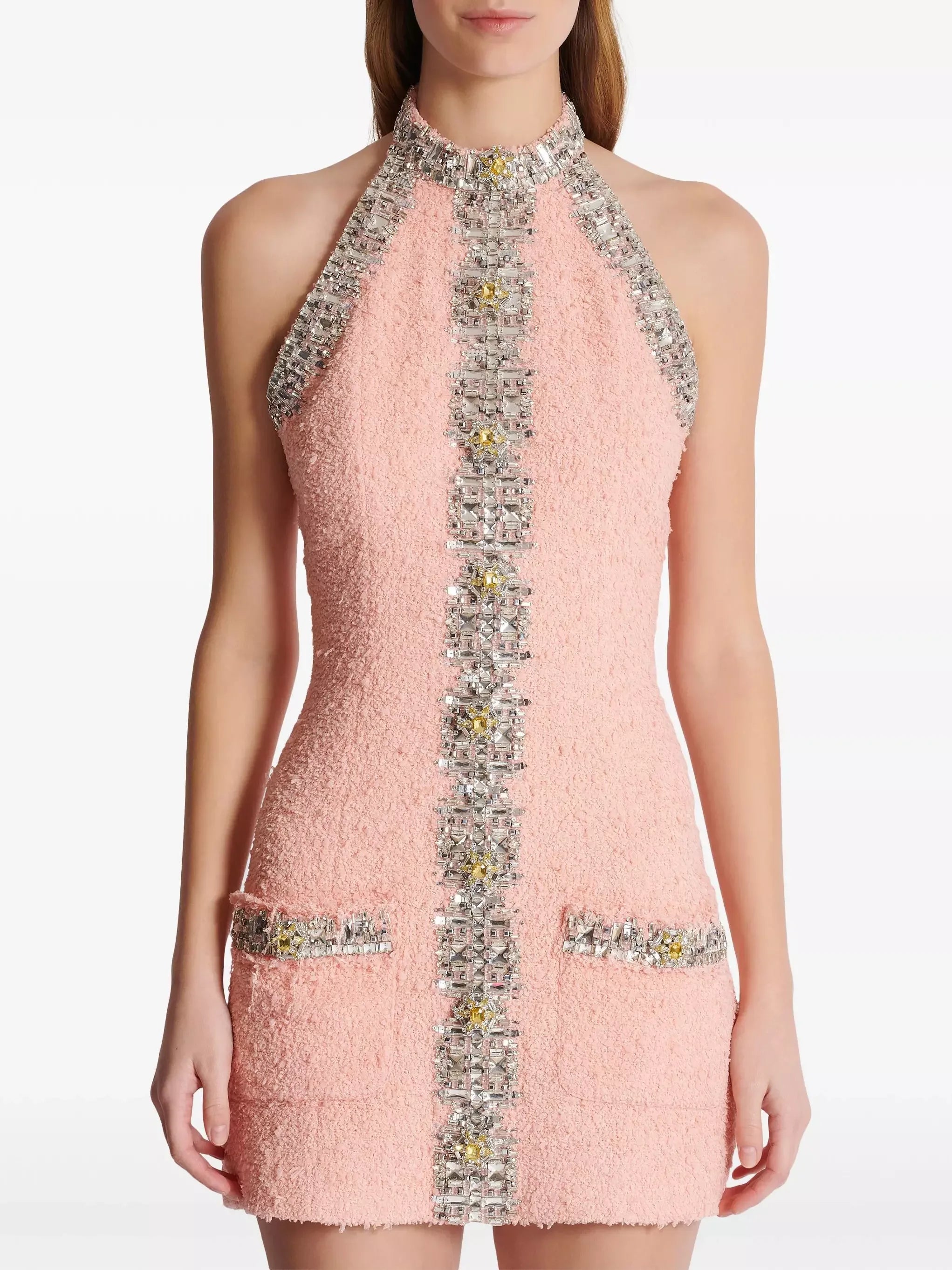 tall women Mimi dresses that fitCrystal-Embellished Pink Tweed Halter Mini Dress