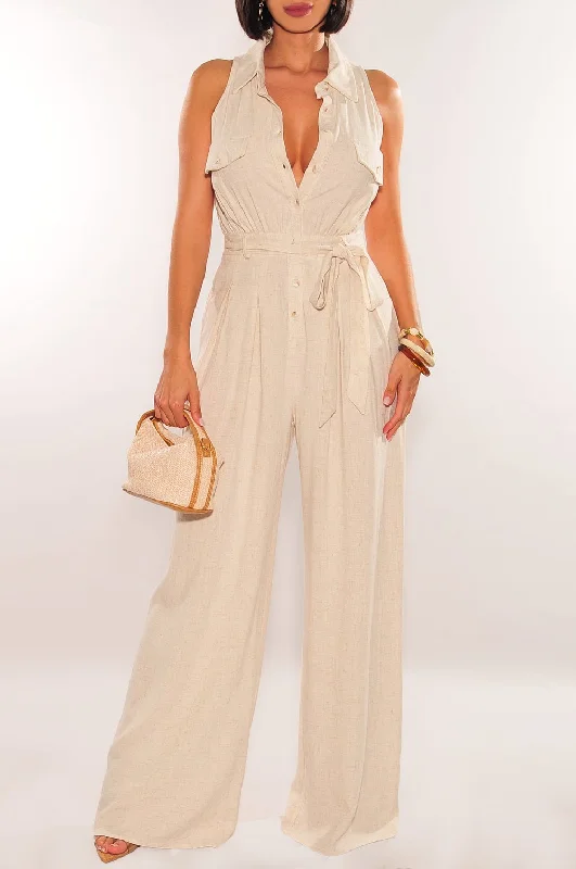 women's formal jumpsuitsNude Linen Sleeveless Collared Button Down Snatched Wide Leg Jumpsuit