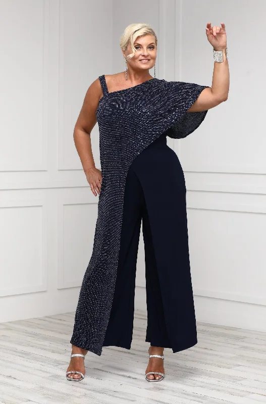 women's jumpsuits for petite womenWomen's Sequin Overlay Draped Shoulder Formal Jumpsuit - Mother of the Bride Jumpsuit