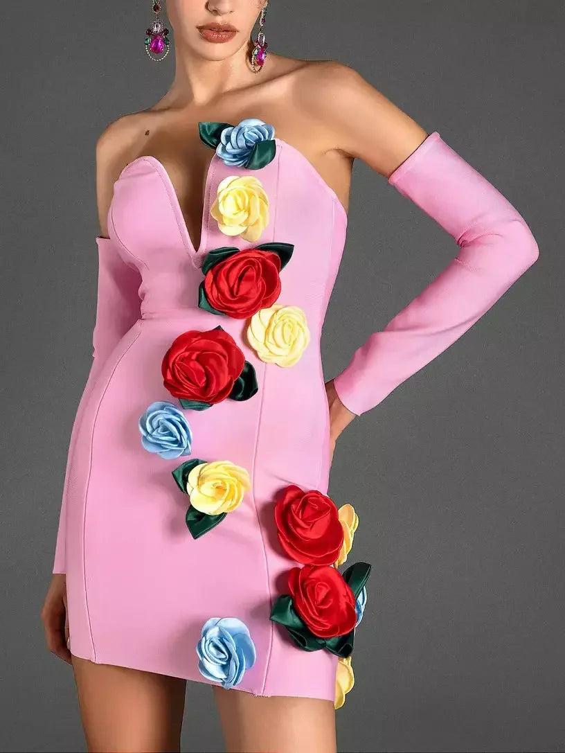 designer-inspired Mimi dresses for luxury on a budgetMulticolored Rose Applique Pink Strapless Mini Dress