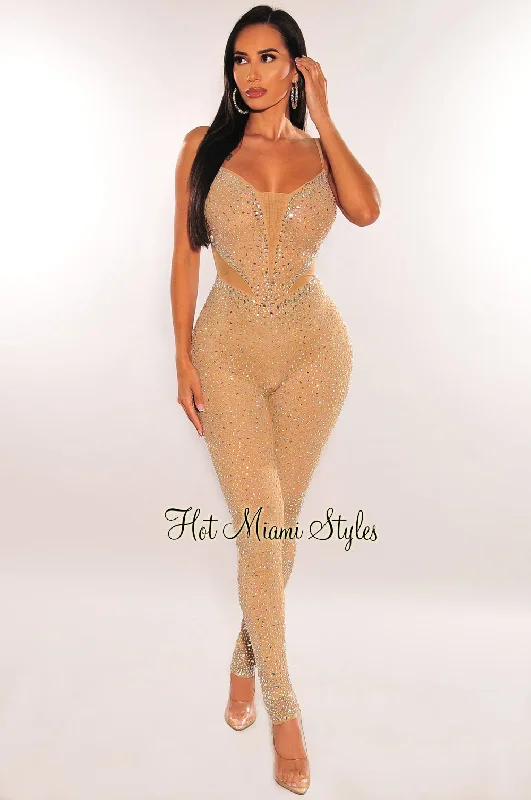 women's jumpsuits with neon colorsNude Mesh Illusion Silver Rhinestone Spaghetti Straps Jumpsuit