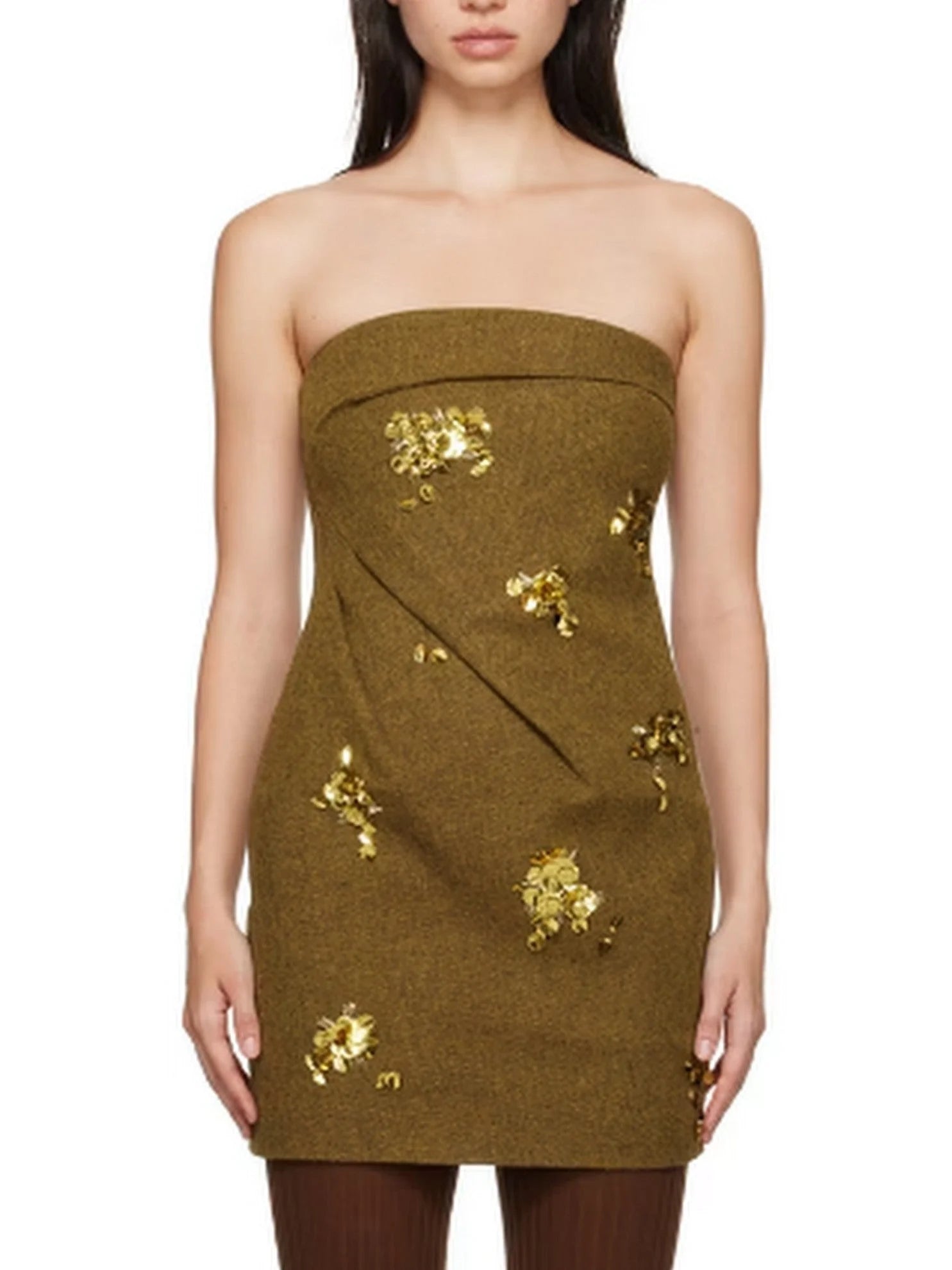 high-low Mimi dresses trendBow Pintuck Strapless Mini Dress with Gold Sequin Appliques