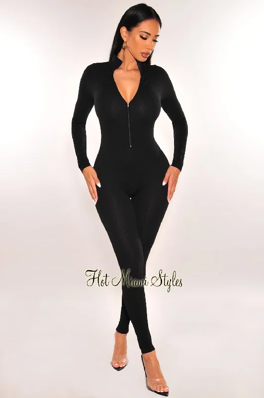 women's jumpsuits made of satinBlack Ribbed Mock Neck Long Sleeve Zipper Jumpsuit