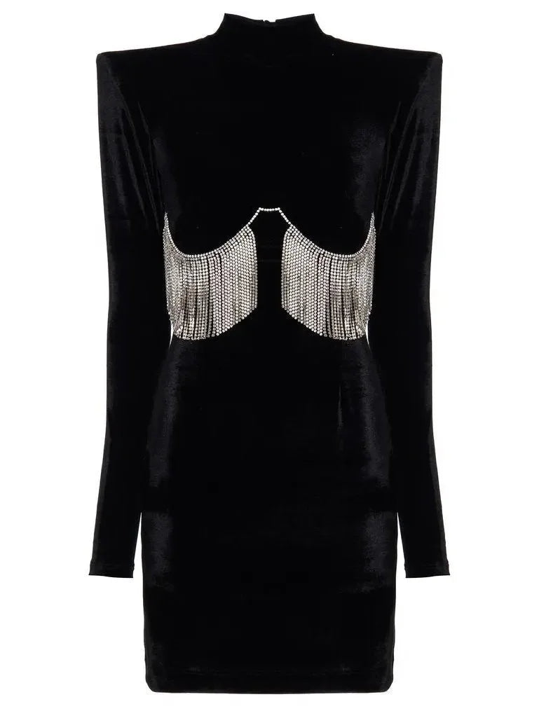 chic and comfortable Mimi dresses for all-day wearBlack Velvet Crystal-Embellished Mini Dress