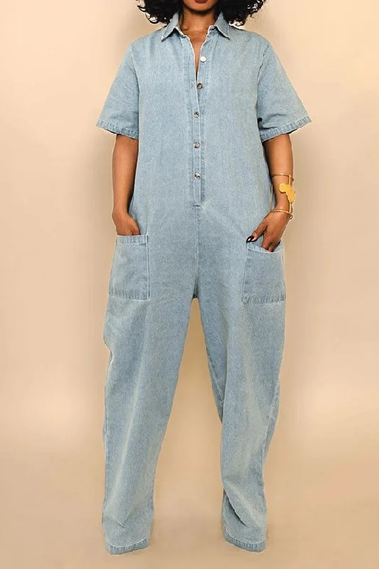 women's jumpsuits for ethical manufacturingWashed Denim Relaxed Patch Pocket Jumpsuit