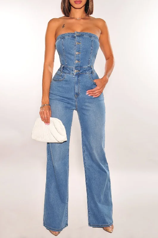 women's jumpsuits for all-day comfortDenim Strapless Button Up Flared Leg Jumpsuit