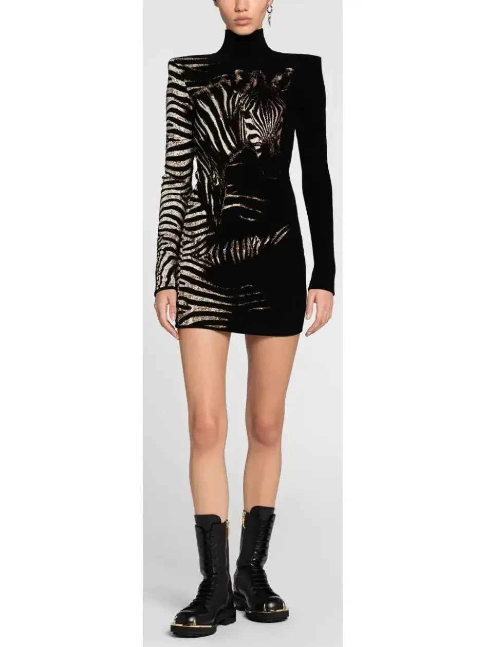 discount plus-size Mimi dresses for curvesBlack and White Zebra Jacquard Mini Dress