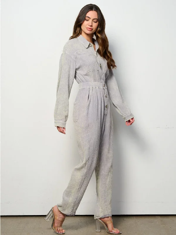 women's jumpsuits for casual gatheringsWOMEN'S LONG SLEEVE BUTTON UP POCKETS WASHED JUMPSUIT