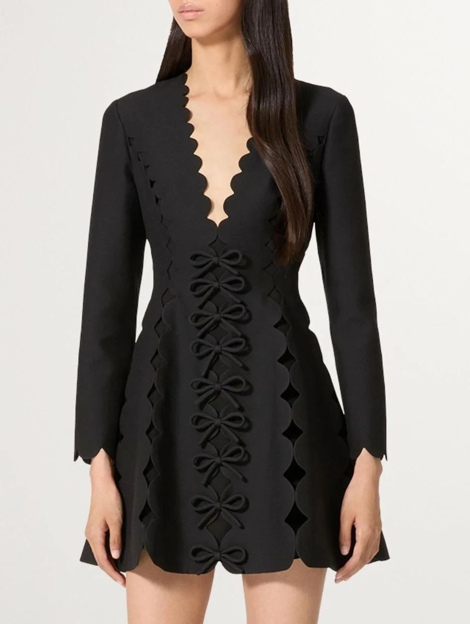 midi Mimi dresses for everydayBow-Embellished Black Scalloped V-Neck Mini Dress