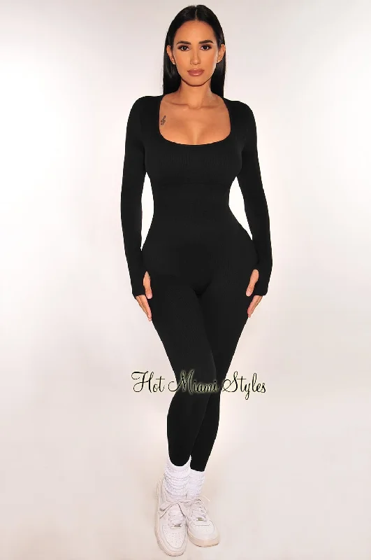 women's wide-leg jumpsuitsHMS Fit: Black Long Sleeves Square Neck Padded Ribbed Snatched Jumpsuit