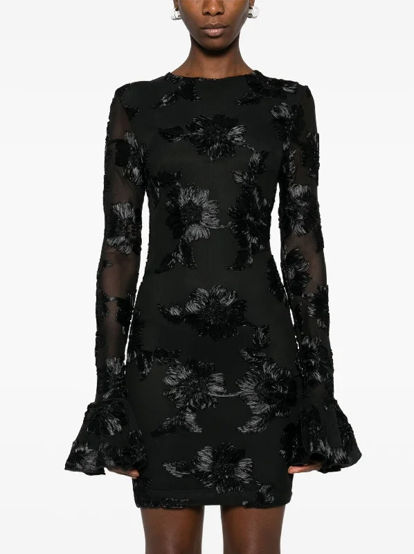 plus-size floral Mimi dresses for all seasonsBlack Floral-Embroidered Flared-Cuff Mini Dress