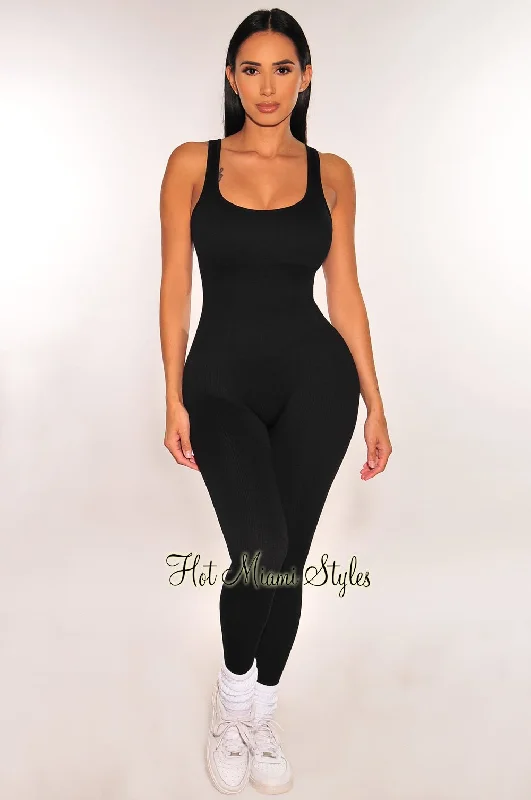 women's high-slit jumpsuitsHMS Fit: Black Seamless Ribbed Tank Padded Snatched Jumpsuit