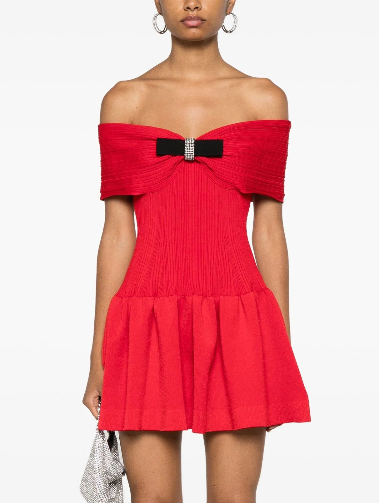 long Mimi dresses for evening wearBow-Detail Red Knit Off-Shoulder Mini Dress