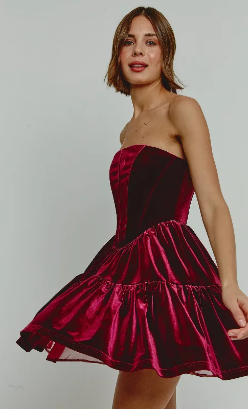 designer Mimi dresses under $100Wine Velvet Bandeau Mini Dress With Bows