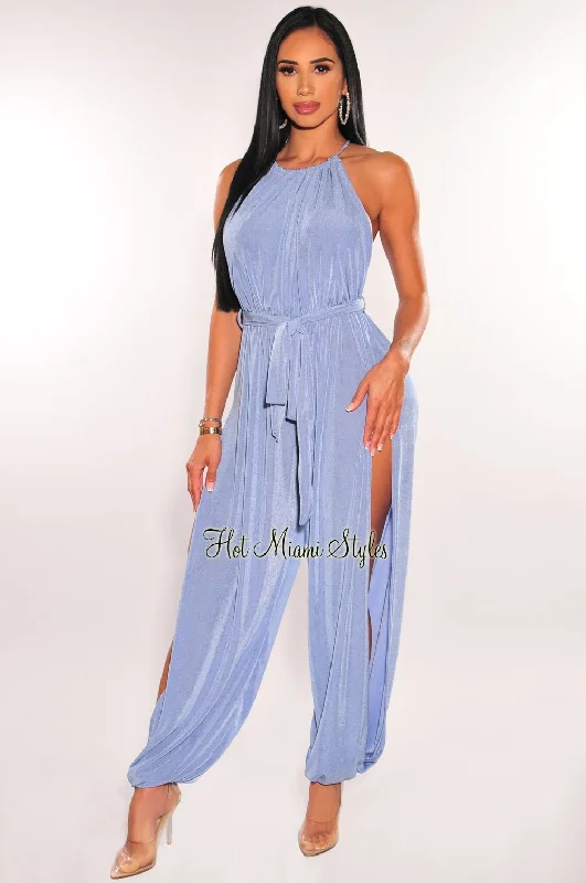 women's jumpsuits for short womenPeriwinkle Shimmery Slit Hem Belted Harem Jumpsuit