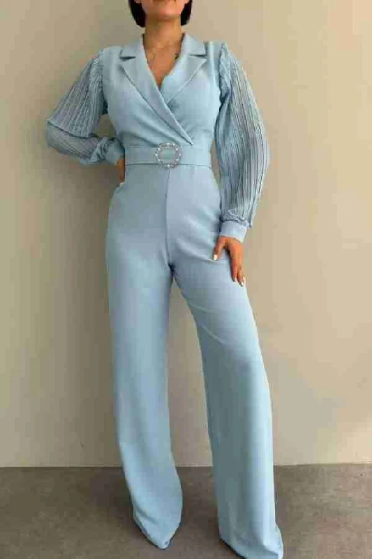 women's high-slit jumpsuitsBlue Pleated Long Sleeve Patchwork Modern Belted Jumpsuit