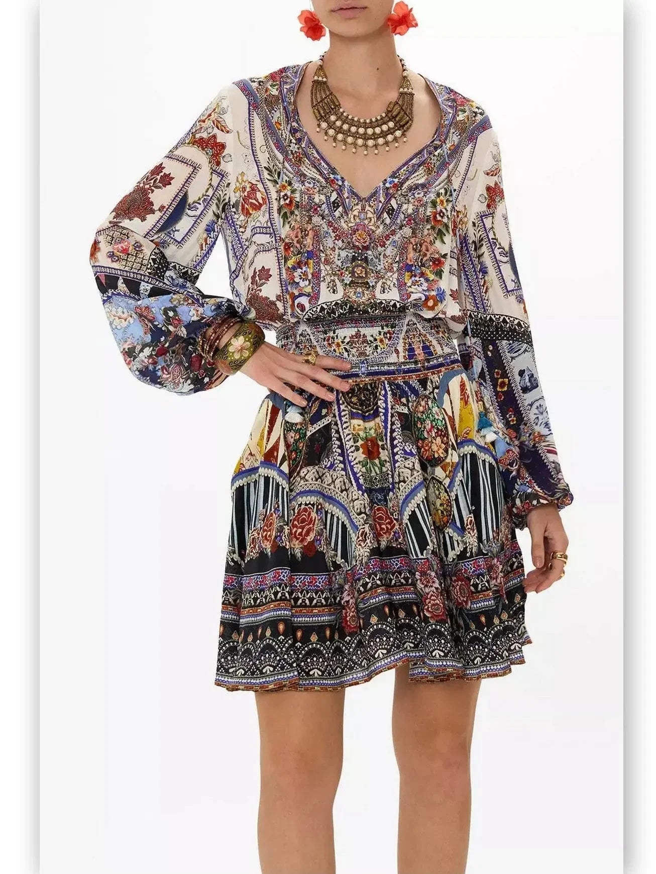 summer lace Mimi dresses for warm weatherCrystal Embellished Shirred Relaxed Mini Dress with Multicolored Print